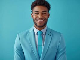 A man dressed in a blue suit and a blue tie photo