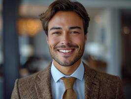 un hombre vestido en un traje y Corbata sonriente a el cámara foto