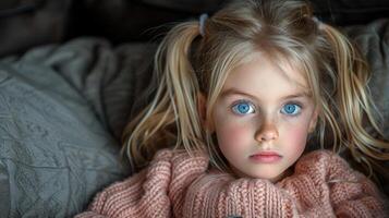 un pequeño niña con azul ojos relajante en un cama foto