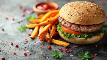 A burger and fries placed on a wooden table photo