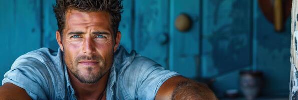 A man wearing a blue shirt leaning against a wall photo