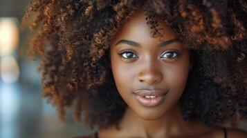 de cerca ver de un individual exhibiendo un grande afro peinado foto