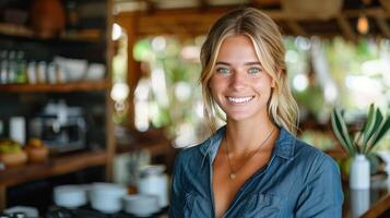 A woman stands in front of a counter inside a restaurant photo