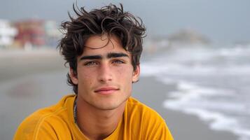 joven hombre vistiendo amarillo camisa se sienta en arenoso playa mirando fuera a mar foto