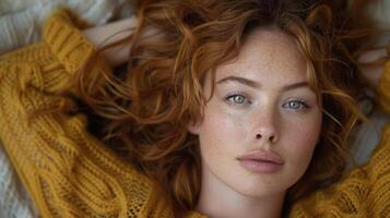 A close-up of a person lying down on a bed photo