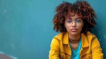 A young girl with glasses seated against a blue wall photo