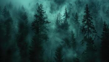 Dense forest shrouded in fog, with numerous tall trees stretching into the mist photo