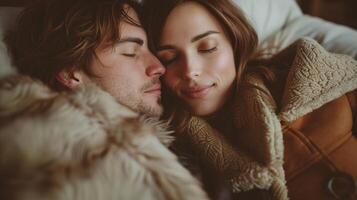 A man and a woman are laying next to each other in bed photo