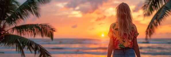 A woman stands on the beach, watching the sun set over the ocean photo