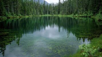 A vast body of water surrounded by a dense forest of trees photo