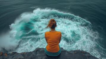 A woman sits on a cliff overlooking the ocean photo