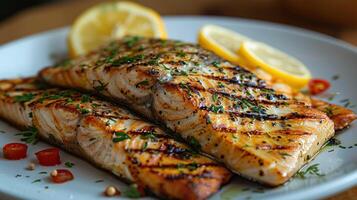 Two grilled fish served on a plate with slices of lemons and tomatoes photo