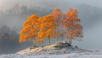 Several trees standing upright in a snowy landscape photo