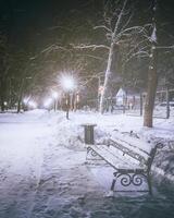 Winter night park with trees, glowing lanterns and benches covered with snow. Vintage film aesthetic. photo