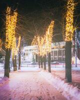 Winter park at night with christmas decorations, glowing lanterns, pavement covered with snow and trees. Vintage film aesthetic. photo