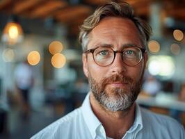 A man wearing glasses and a white shirt photo