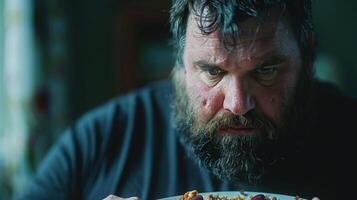 Bearded man with plate of food in hand photo