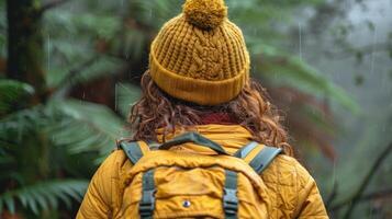 A person with a yellow backpack and hat outdoors photo