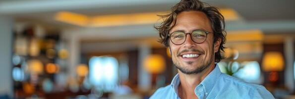 A man wearing a blue shirt and glasses smiles photo