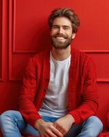 A man sitting on the floor in front of a bright red wall photo