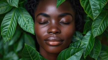 A woman with closed eyes surrounded by lush green leaves photo