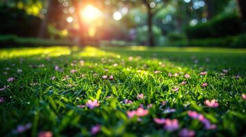 Bright pink flowers bloom among lush green grass under the sunny sky photo