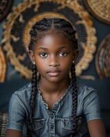 A girl with braided hair sits in front of a wall photo