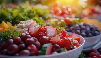 Close up of a bowl filled with various fresh fruits on a table photo