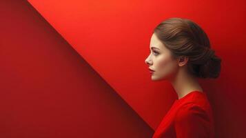 A woman wearing a red dress standing against a red wall photo