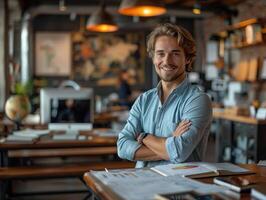 A man standing confidently with his arms crossed in a busy restaurant photo