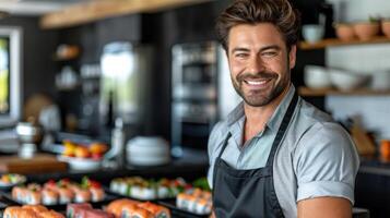 A man wearing an apron stands in front of a counter filled with sushi photo