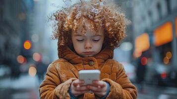 un joven niña es enfocado en su célula teléfono pantalla foto