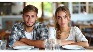 un hombre y mujer son sentado a un mesa, comprometido en conversacion foto