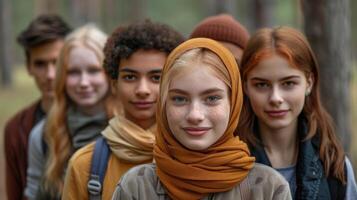 A diverse group of young individuals stand side by side in a unified pose photo