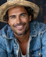 un hombre vistiendo un Paja sombrero sonrisas calurosamente foto