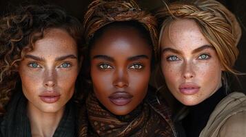 Three women standing together, all with striking blue eyes and brown hair photo