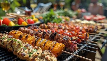 Close up of various skewers of food cooking on a grill photo