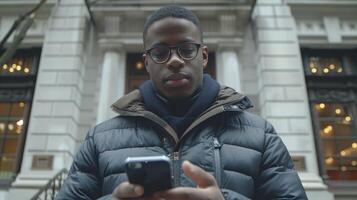 A man wearing a puffy jacket looks at his cell phone screen photo