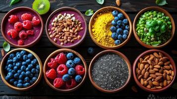 Colorful array of fresh fruits and vegetables displayed in various bowls photo