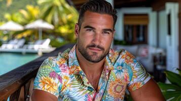 A man in a flowered shirt sits by a pool photo