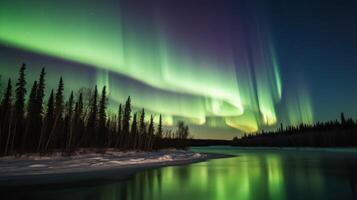 Green and purple aurora borealis lights up the sky above a serene lake photo