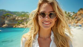 A woman in sunglasses standing in front of the beach photo