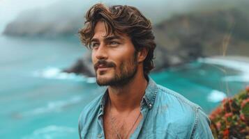 Bearded man with long hair standing near water photo