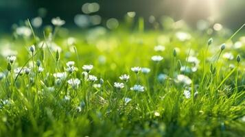 Field covered in green grass, dotted with white flowers photo