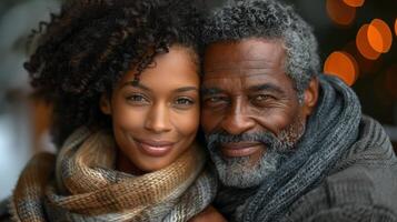 A man and a woman smile for the camera in a joyful moment photo