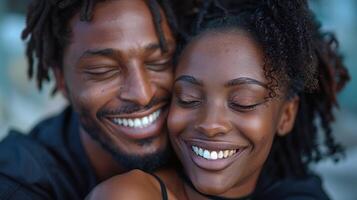 A man and a woman standing close, smiling happily together photo