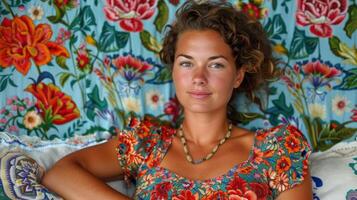 A woman seated on a bed with a floral wallpaper in the background photo