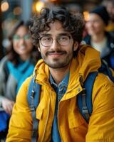 un hombre con lentes vistiendo un brillante amarillo chaqueta foto