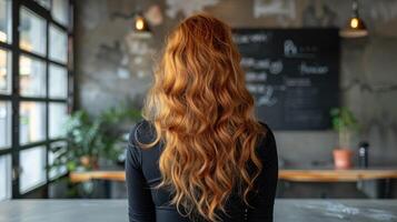 Long-haired redheaded woman standing by counter photo