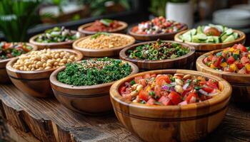 Table topped with wooden bowls filled with different types of food photo